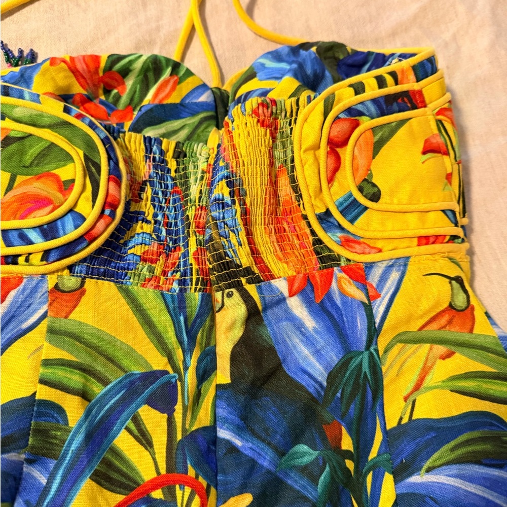 FARM Rio Yellow Tropical Mini Dress with Blue & Green Botanical Print - Picture 4 of 8